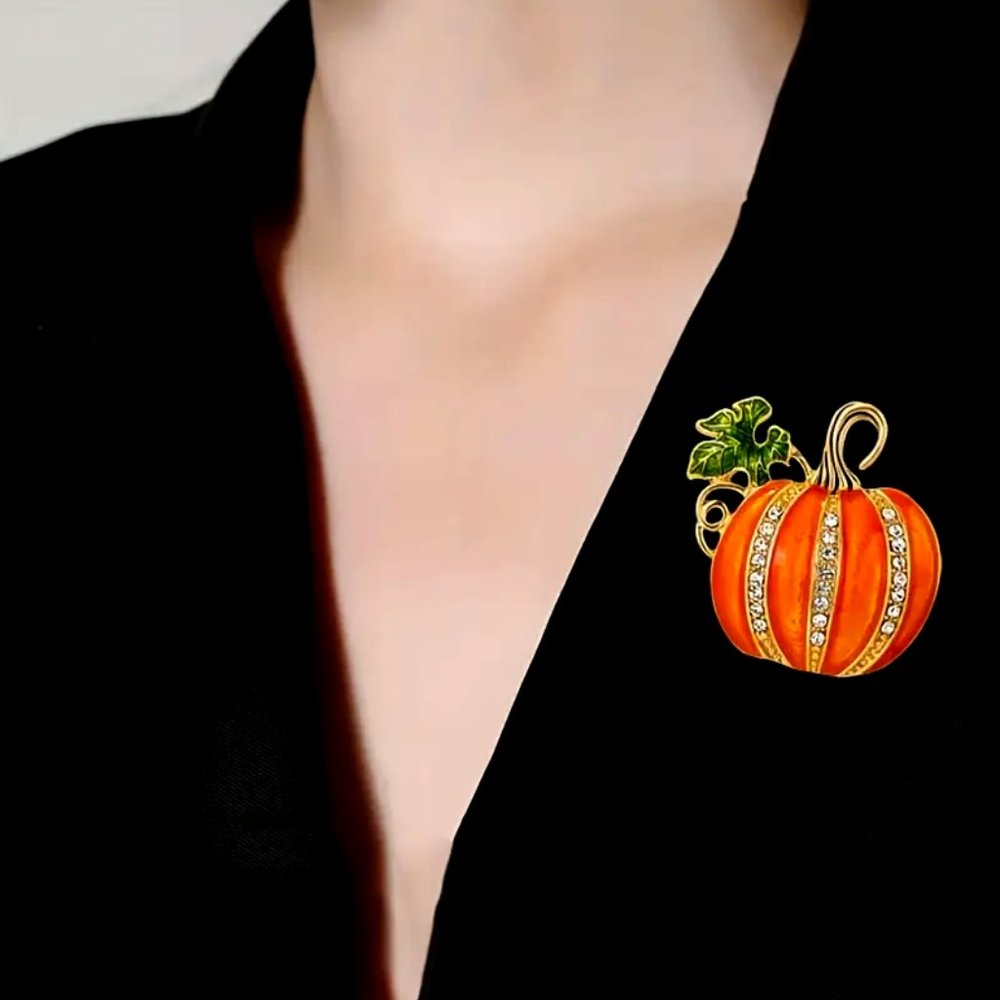 Decorative Enamel and Rhinestone • Pumpkin Brooch